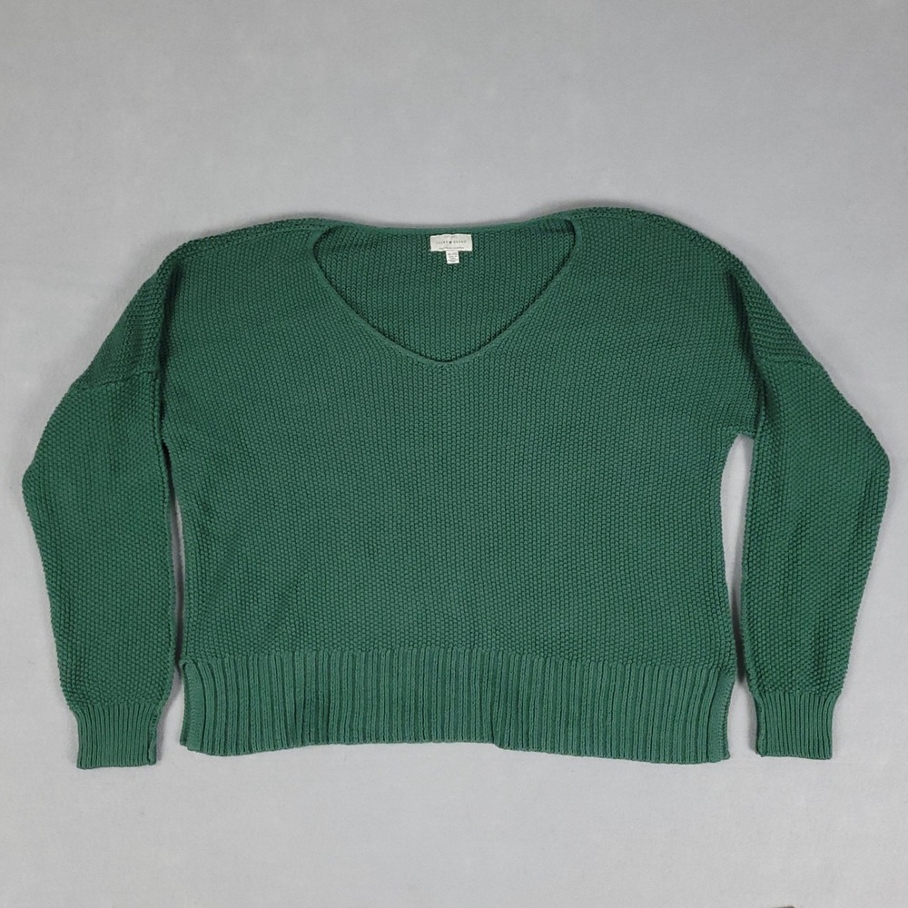 Lucky Brand Sweater Women's XL Green V-Neck Boxy Relaxed Fit Knit Pullover